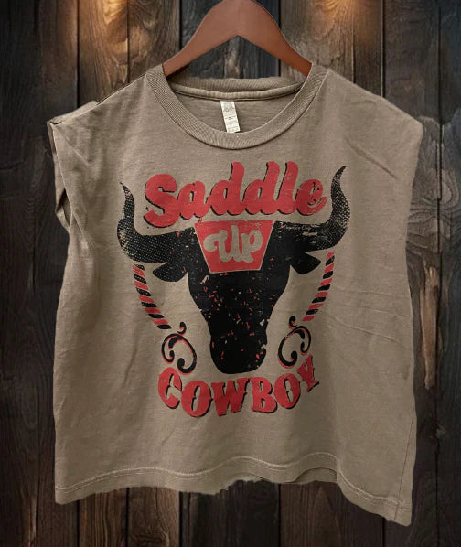 Saddle Up Cowboy Boxy Midriff Muscle top For Cheap