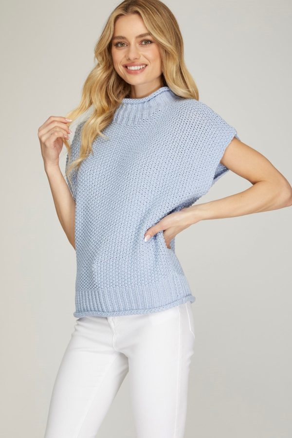 Petra Sleevless Mock Neck Knit Baby Blue Sweater Vest Discount