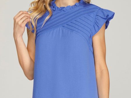 Wren Ruffle Sleeve Pintuck Detail Woven Cobalt Blue Top Online Hot Sale