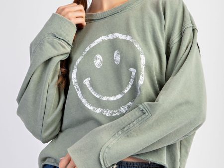 Smiley Print Mineral Washed Sweatshirt Fashion