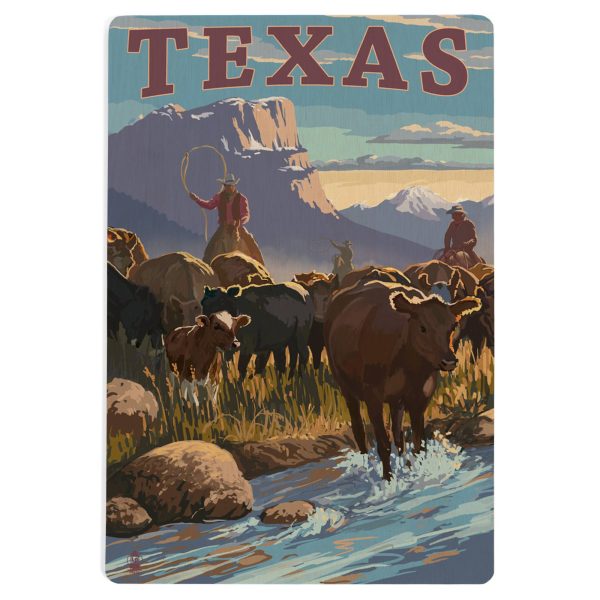 WOOD POSTCARD Texas, Cowboy Cattle Drive Scene For Sale