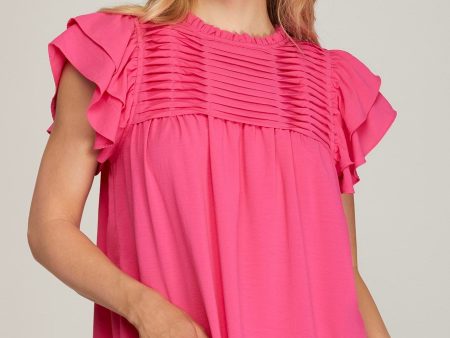 Juni Ruffle Sleeve Pleated Woven Pink Top Discount